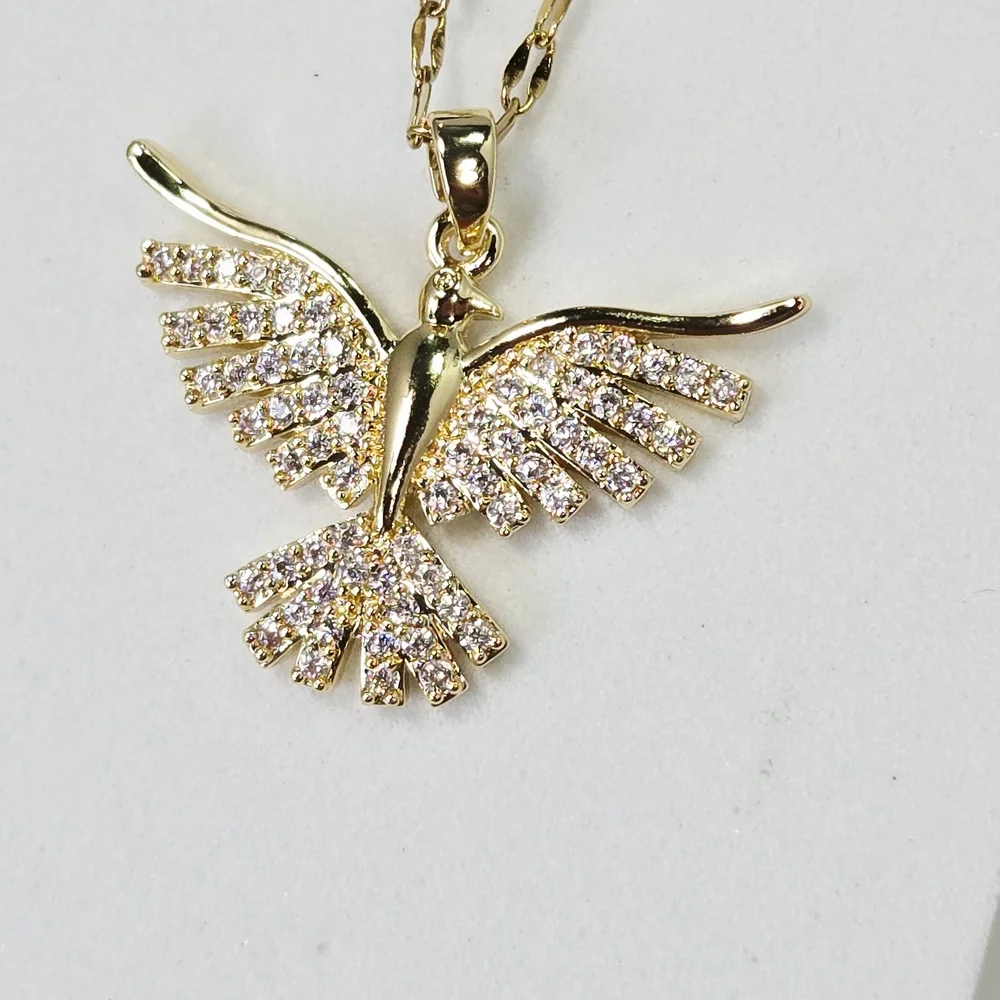 Gold Rhinestone Phoenix Necklace CZ Firebird Pendant Symbolic Energy Bird Gift